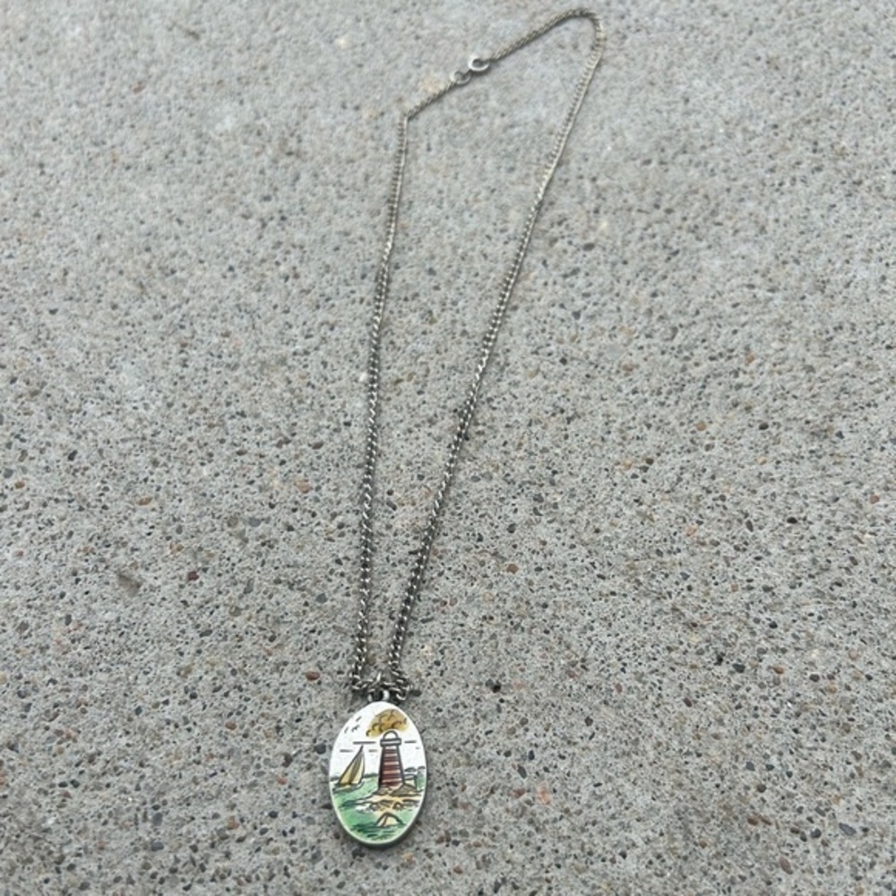 Vintage Pewter Hand Painted Lighthouse Sailboat Sea Pendant Necklace 12”